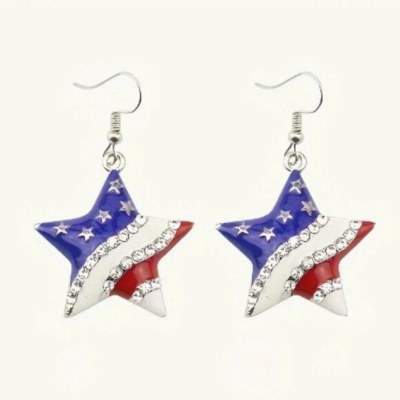 Patriotic Star Earrings American Flag Design Silver-Plated With Rhinestones - Picture 1 of 4